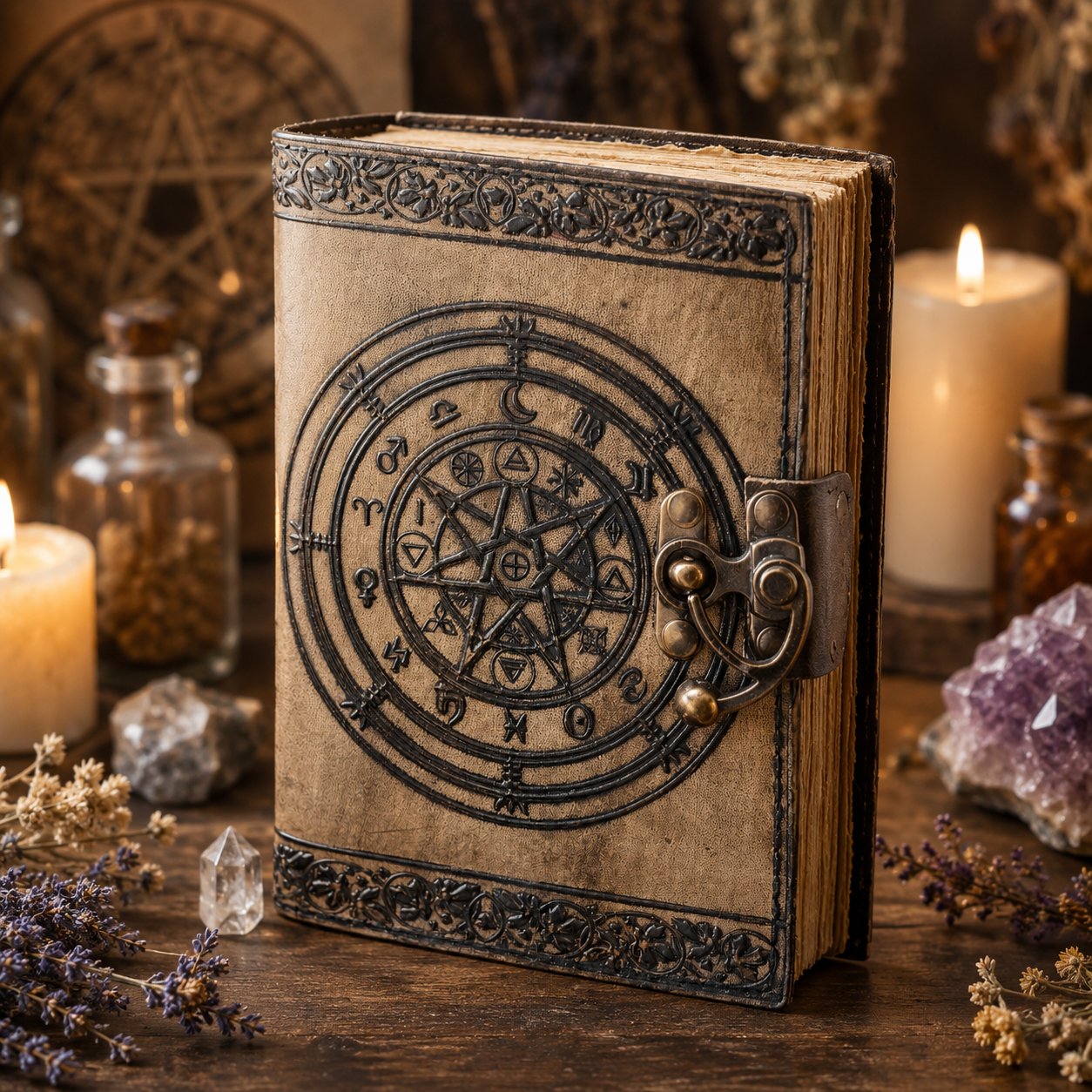 Magic Pentagram Leather Journal with Lock – Handmade Witch Grimoire Deckle Pages – leather journal, front cover view