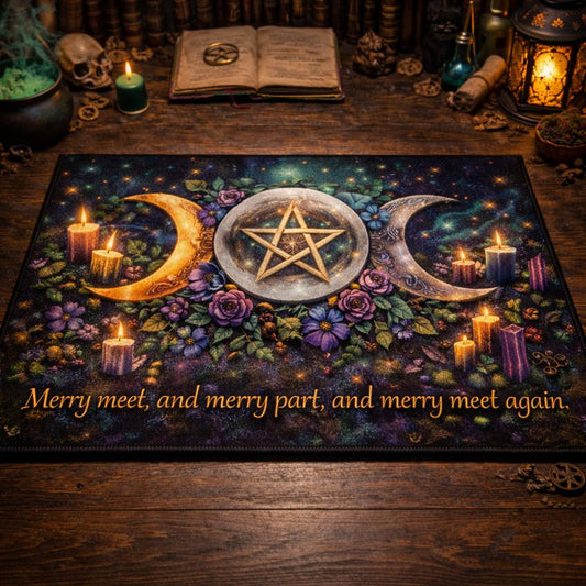Black doormat with a golden triple moon, central pentagram, purple flowers, candles, and a spiritual quote.