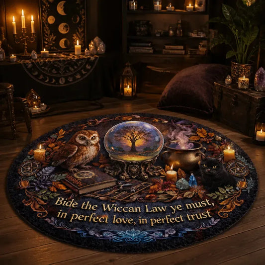Magic Witch Cat and Owl Wiccan Round Rug Wiccan Carpet Pagan Home Decor_mockup_1.webp