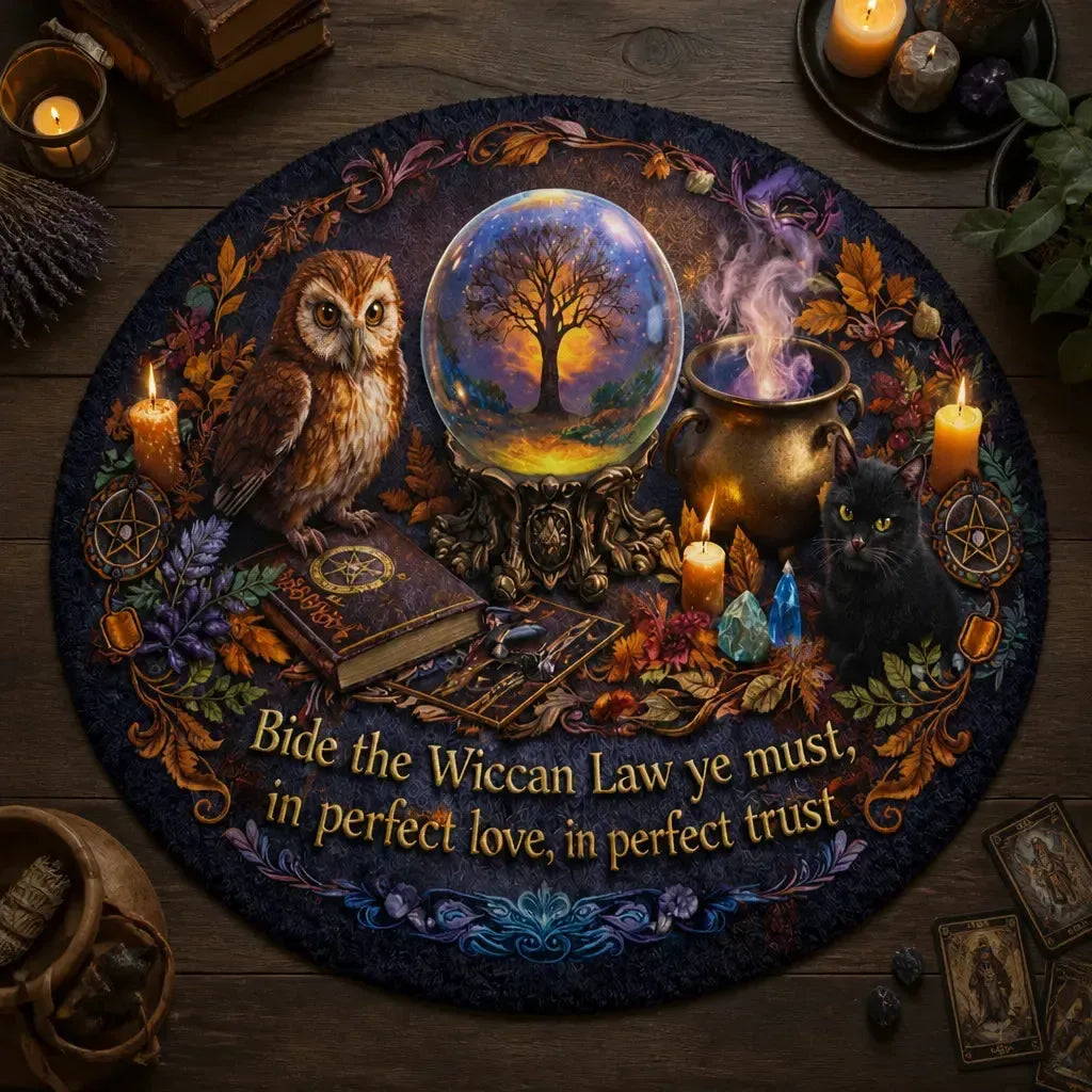 Magic Witch Cat and Owl Wiccan Round Rug Wiccan Carpet Pagan Home Decor_mockup_2.webp