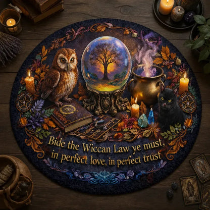 Magic Witch Cat and Owl Wiccan Round Rug Wiccan Carpet Pagan Home Decor_mockup_2.webp
