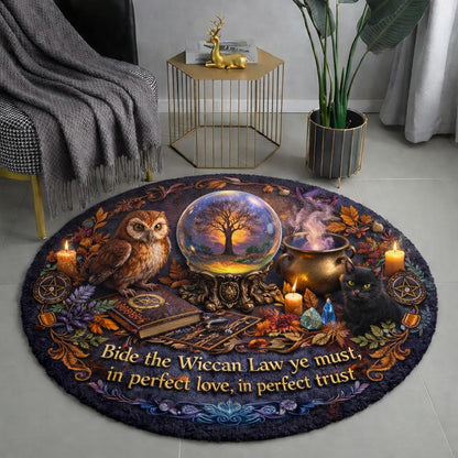 Wiccan round rug with an owl, black cat, crystal ball, cauldron, and "Bide the Wiccan Law" text.