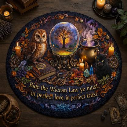 Magic Witch Cat and Owl Wiccan Round Rug Wiccan Carpet Pagan Home Decor_mockup_2.webp