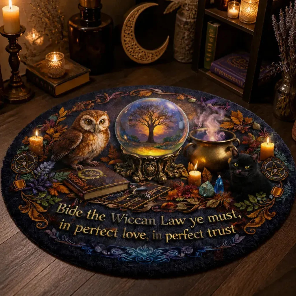Magic Witch Cat and Owl Wiccan Round Rug Wiccan Carpet Pagan Home Decor_mockup_3.webp