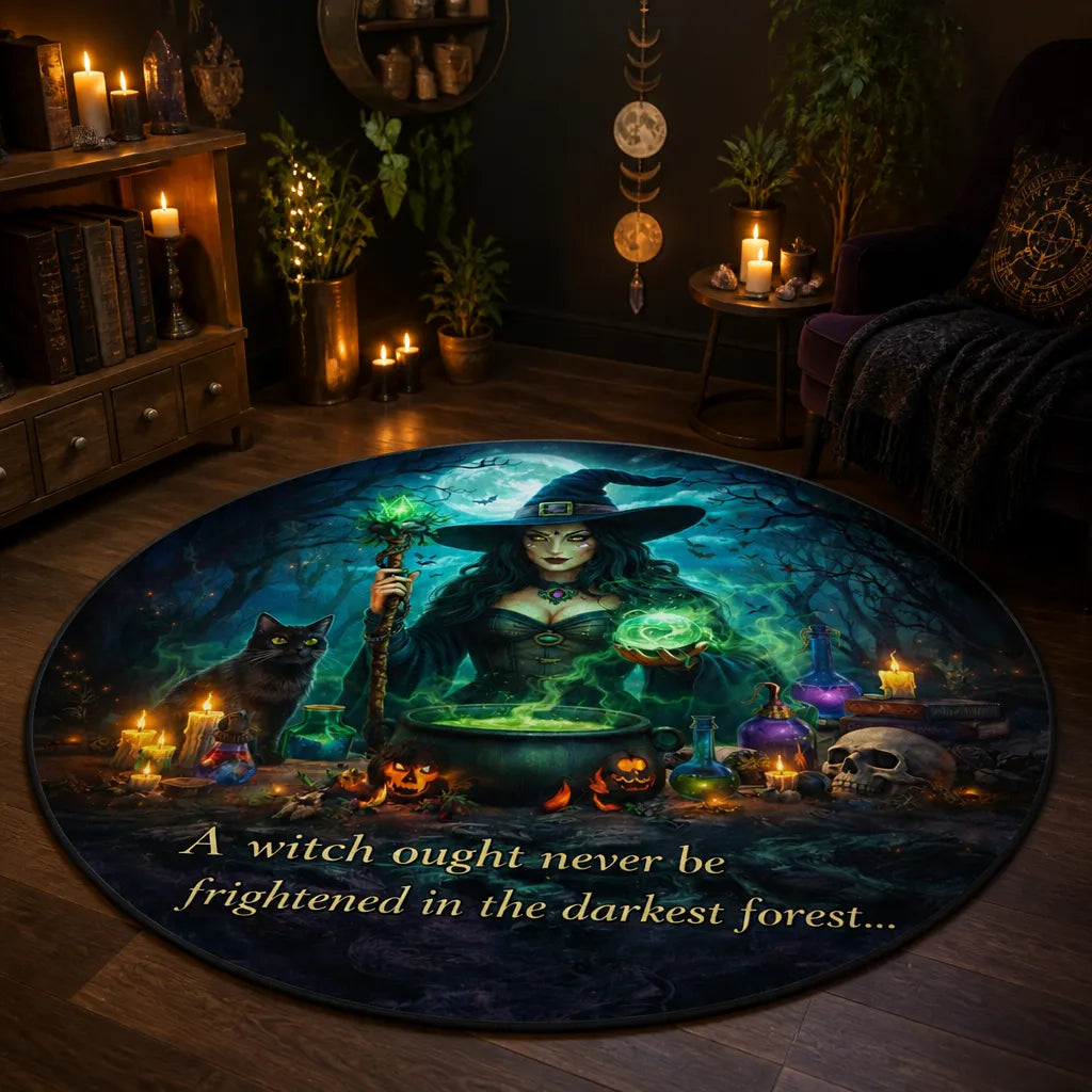 Magic Witch Halloween Round Rug Gothic Skull Black Cat Carpet for Halloween Home Decor_mockup_1.webp