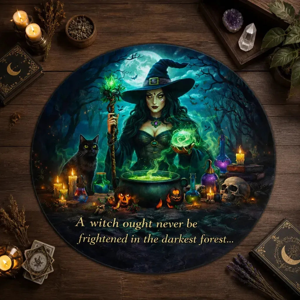Magic Witch Halloween Round Rug Gothic Skull Black Cat Carpet for Halloween Home Decor_mockup_2.webp