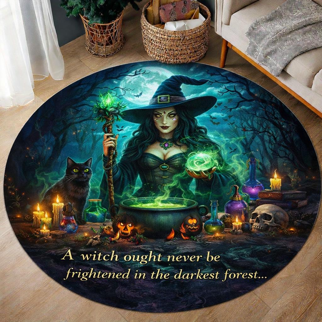 Round black witch rug with a green-eyed witch, black cat, cauldron, and glowing magic in a dark forest.