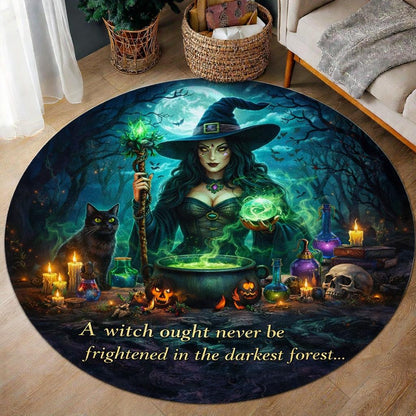 Round black witch rug with a green-eyed witch, black cat, cauldron, and glowing magic in a dark forest.