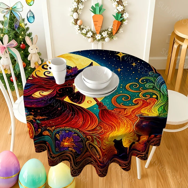 Magic witch round tablecloth with bright witchy table decor