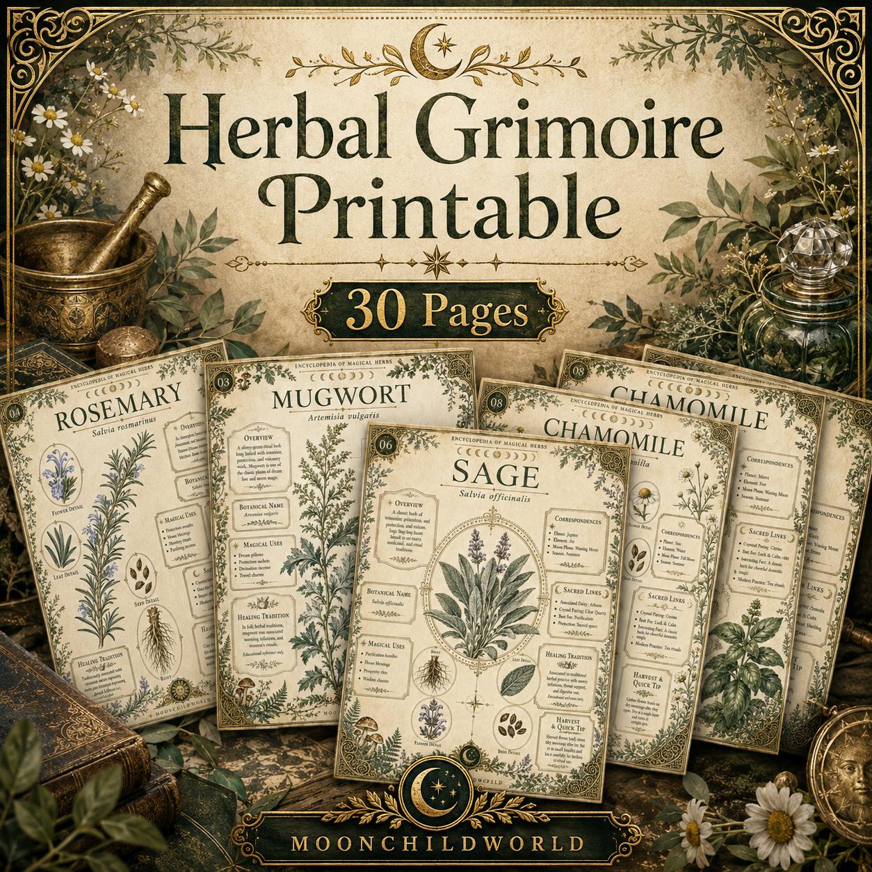 Vintage-style botanical grimoire pages featuring detailed herb illustrations, magical correspondences, and elegant typography.