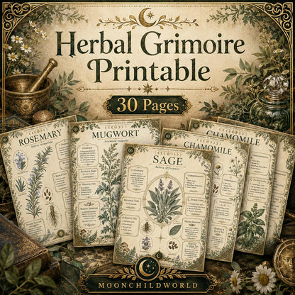 Vintage-style botanical grimoire pages featuring detailed herb illustrations, magical correspondences, and elegant typography.