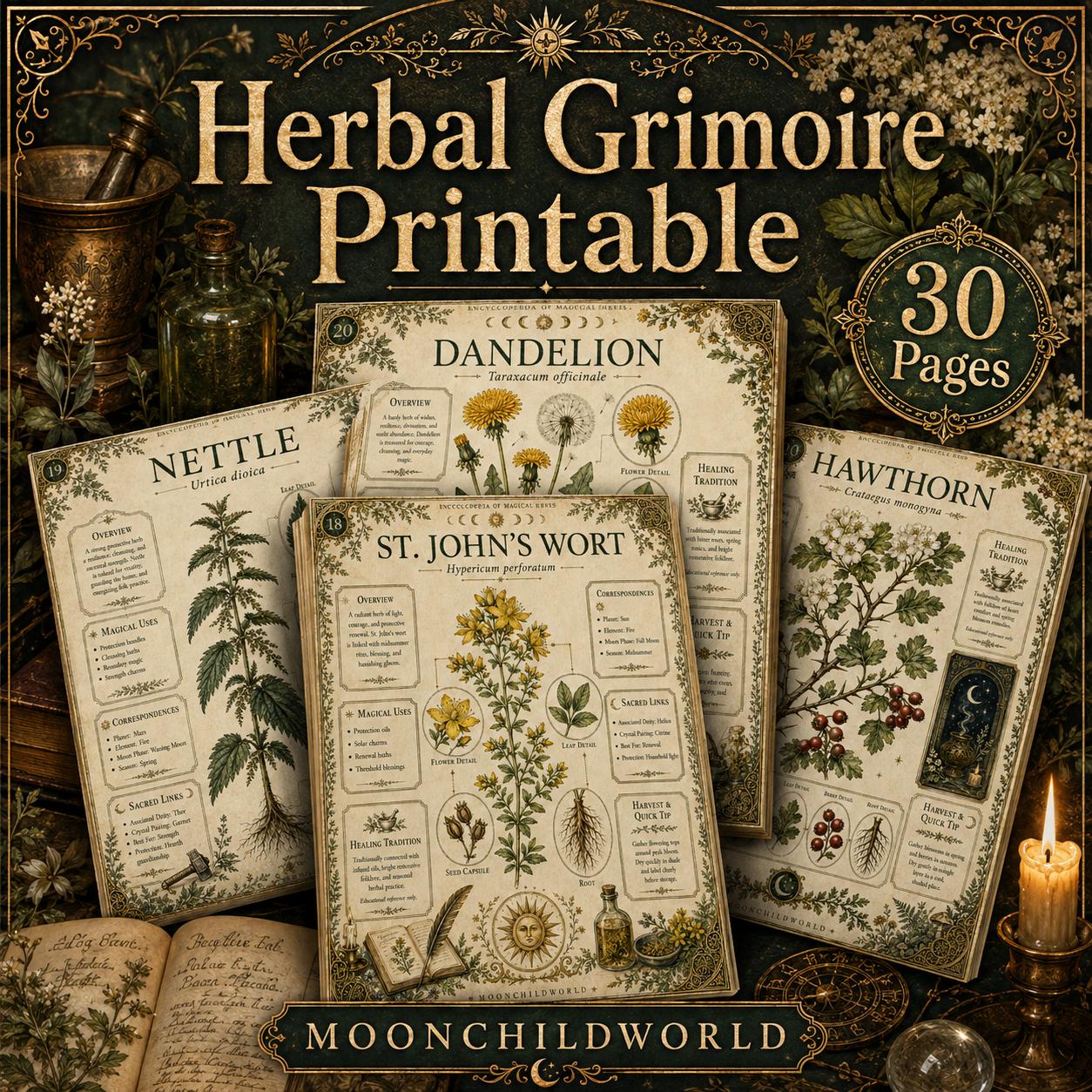 Vintage botanical herbarium pages featuring detailed illustrations, magical correspondences, and elegant typography on aged paper.