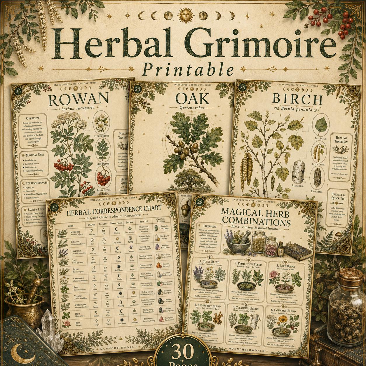 Vintage-style printable grimoire pages featuring botanical herb illustrations, magical correspondences, and charts on aged paper.