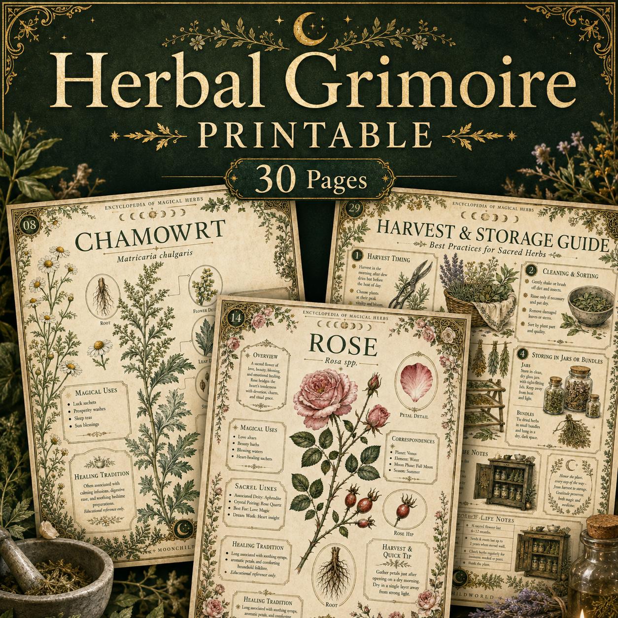 Vintage-style botanical grimoire pages featuring detailed herb illustrations, magical correspondences, and parchment-textured paper.