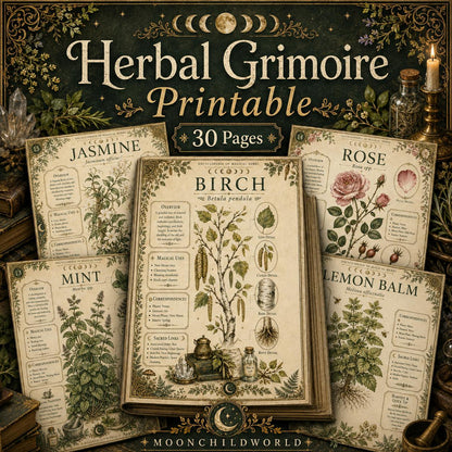 Vintage-style printable grimoire pages featuring botanical illustrations, herb correspondences, and magical properties on aged paper.