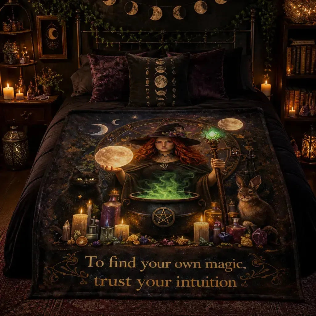 Magical Witch Blanket with Black Cat, Rabbit for Wiccan Home Decor_mockup_1.webp