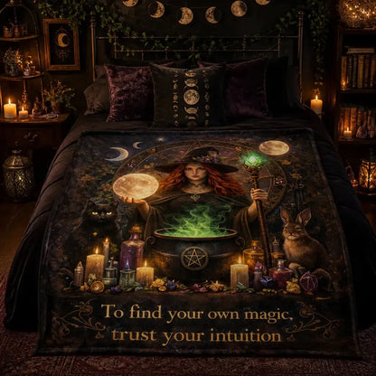 Magical Witch Blanket with Black Cat, Rabbit for Wiccan Home Decor_mockup_1.webp