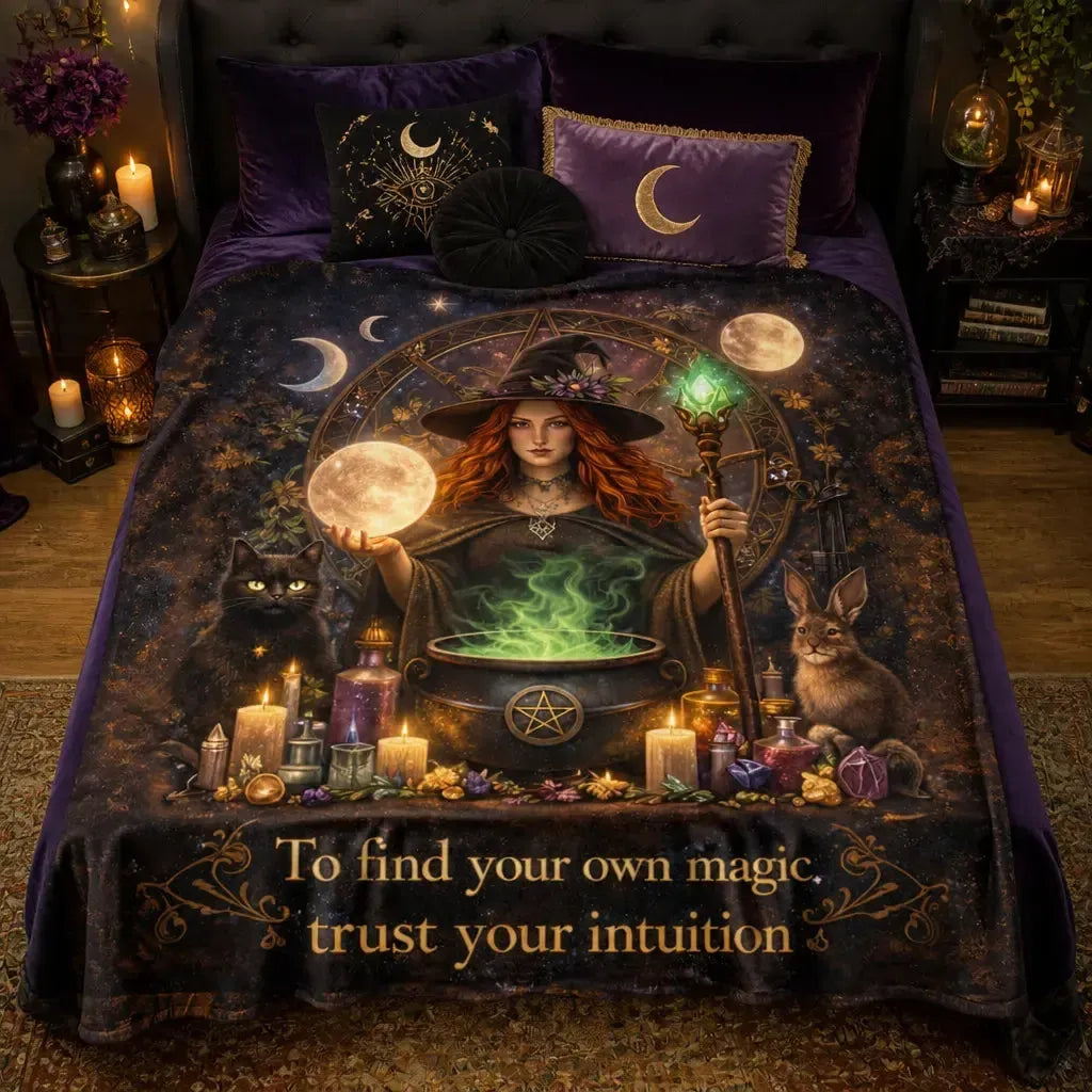 Magical Witch Blanket with Black Cat, Rabbit for Wiccan Home Decor_mockup_2.webp