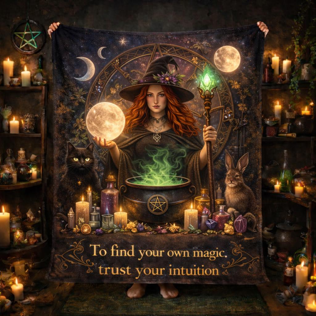 Magical Witch Blanket with Black Cat, Rabbit for Wiccan Home Decor-MoonChildWorld