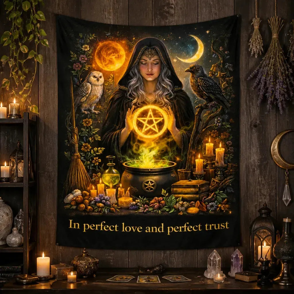 Magical Witch Tapestry with Spirit Animals - Wiccan Wall Hanging_mockup_2.webp
