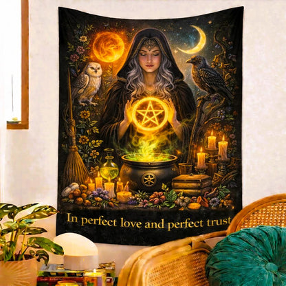 Dark witch tapestry with a hooded woman, glowing pentagram, cauldron, owl, raven, and "In perfect love and perfect trust" text.