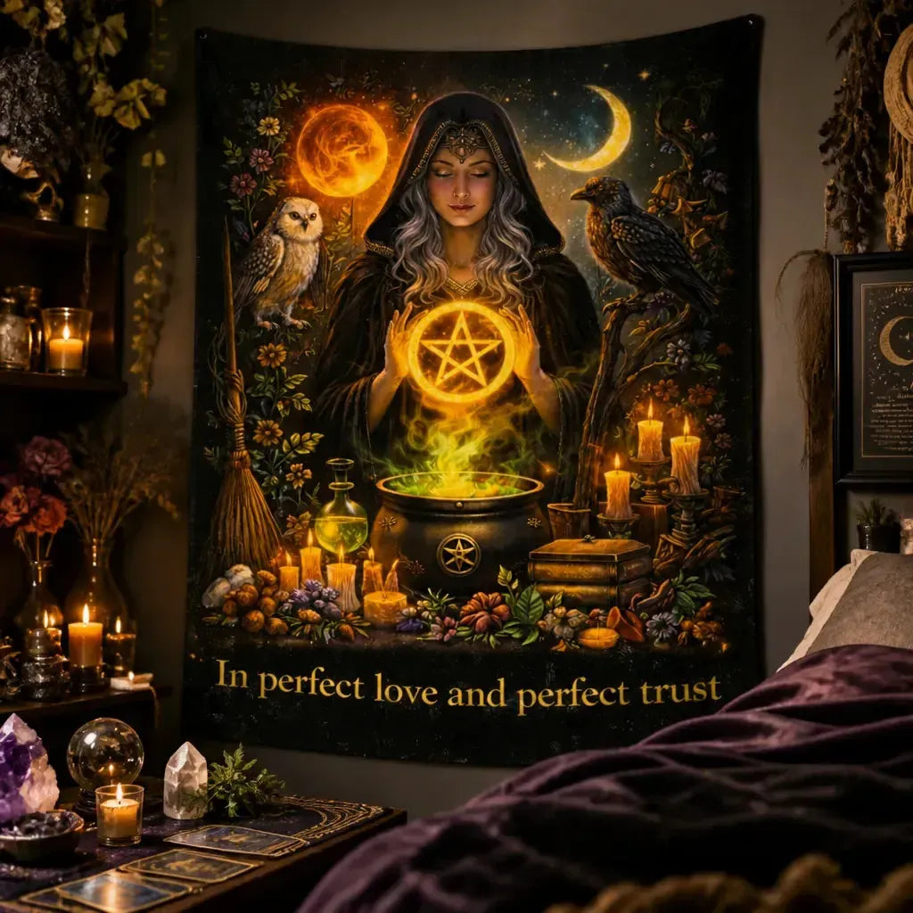 Magical Witch Tapestry with Spirit Animals - Wiccan Wall Hanging_mockup_3.webp