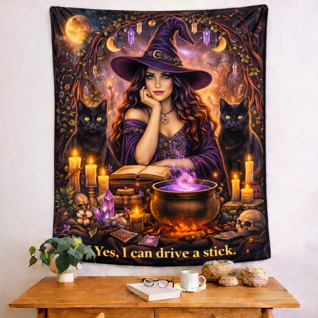 Magical witch tapestry with a purple-robed witch, two black cats, a cauldron, candles, and moon phases.