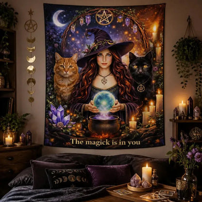 Magical Witch Tapestry with Occult Cats Wiccan Wall Hanging for Halloween_mockup_1.webp