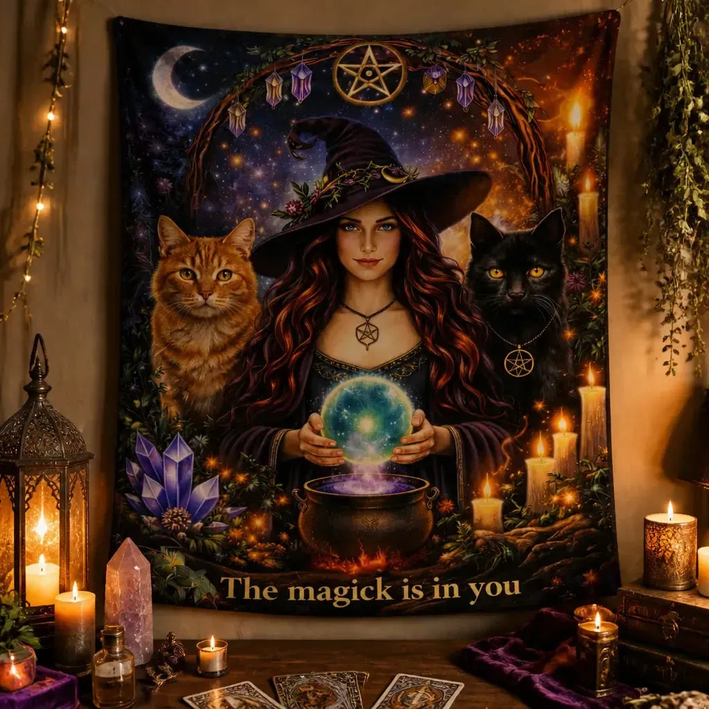 Magical Witch Tapestry with Occult Cats Wiccan Wall Hanging for Halloween_mockup_3.webp