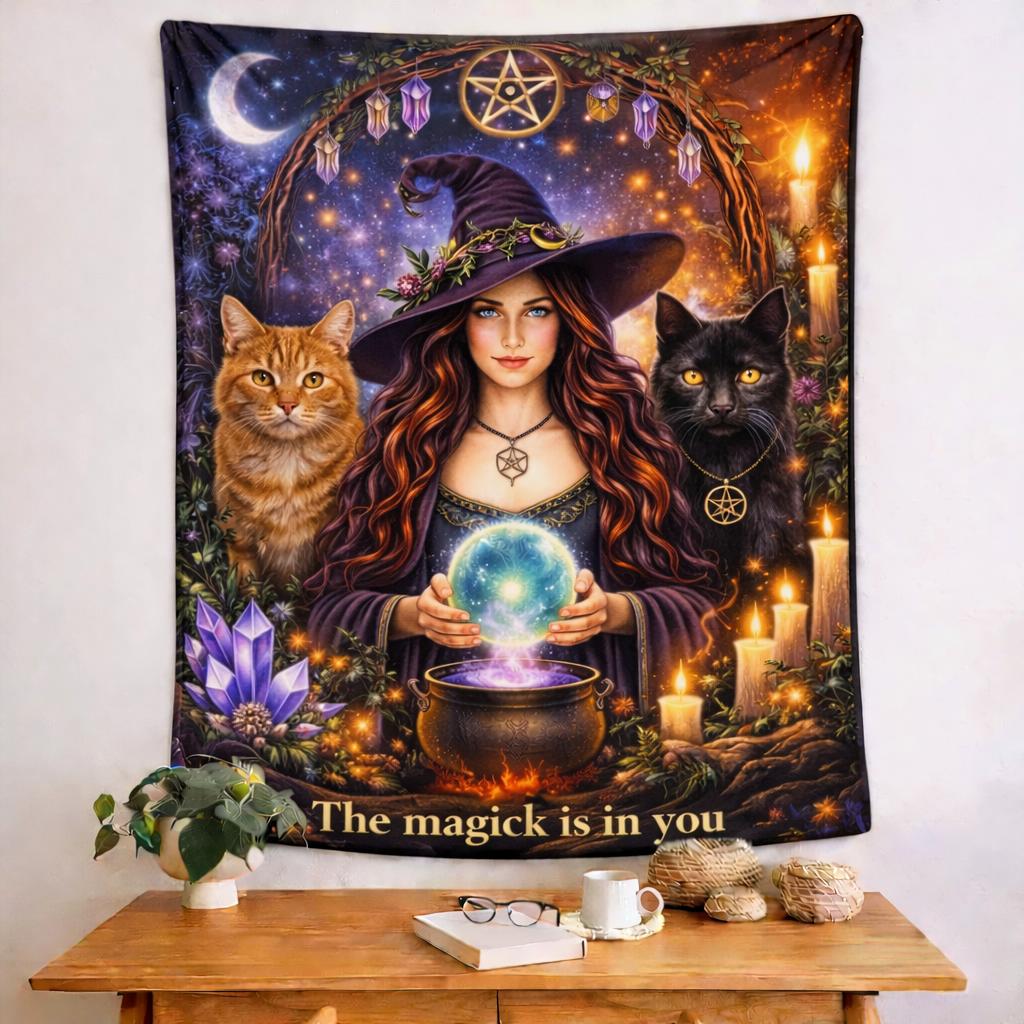 Magical Witch Tapestry with Occult Cats Wiccan Wall Hanging for Halloween-MoonChildWorld