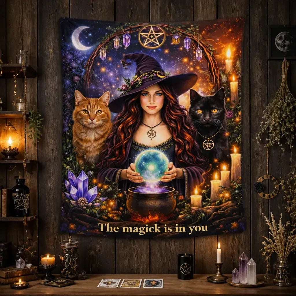 Magical Witch Tapestry with Occult Cats Wiccan Wall Hanging for Halloween_mockup_2.webp