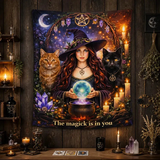 Magical Witch Tapestry with Occult Cats Wiccan Wall Hanging for Halloween_mockup_2.webp