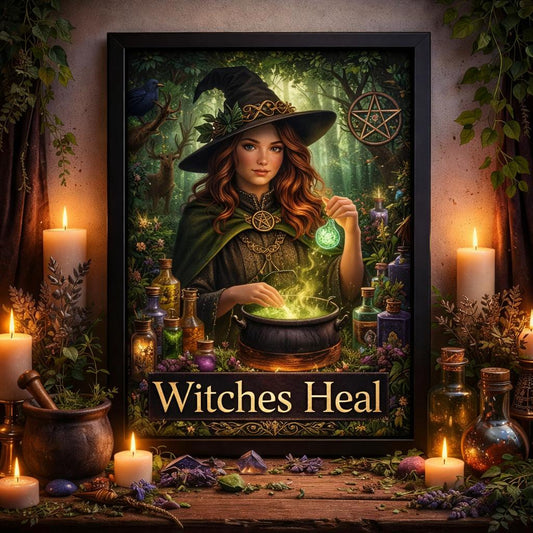 Black framed canvas art of a witch brewing a glowing green potion in a forest, with "Witches Heal" text.