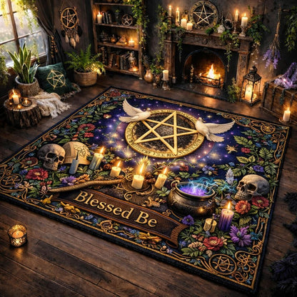 Wiccan area rug with a golden pentacle, white doves, skulls, flowers, and "Blessed Be" on a dark, starry background.
