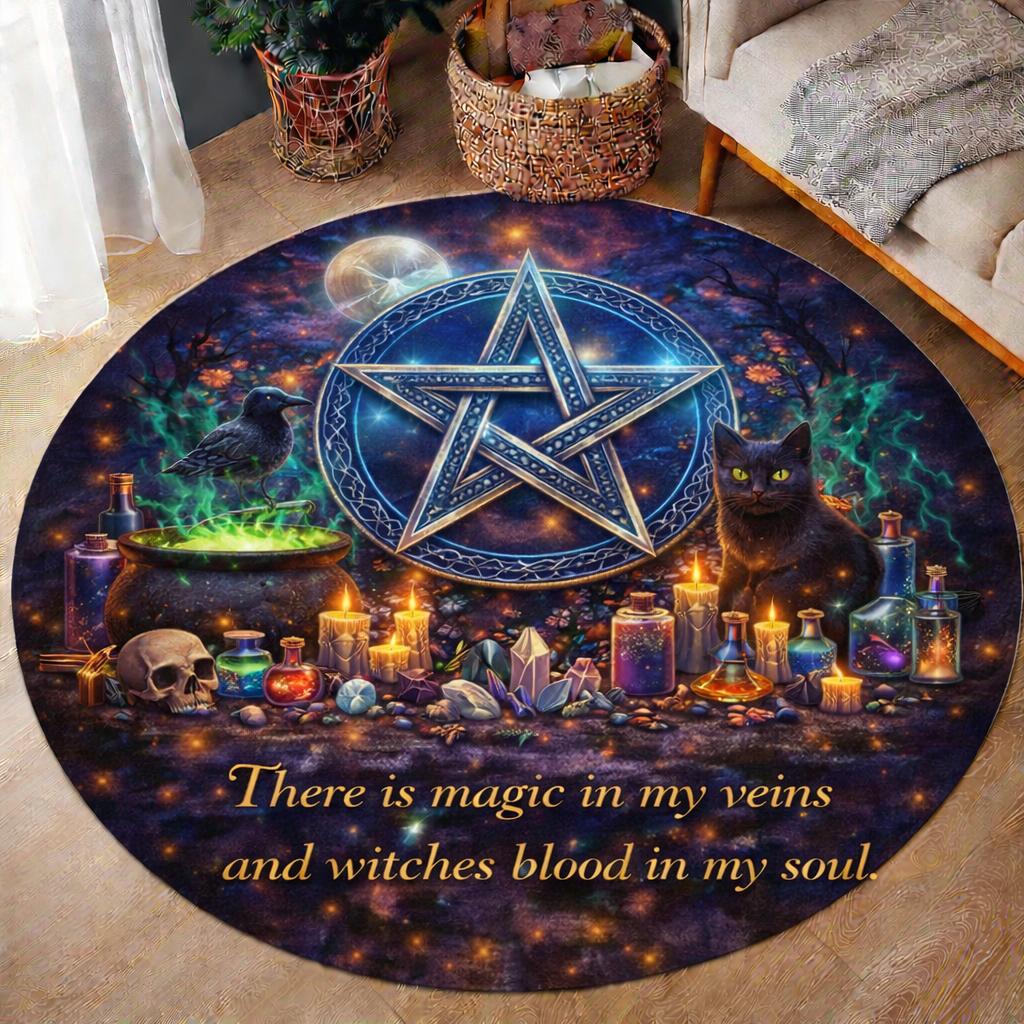 Round Wiccan rug with a glowing pentacle, black cat, crow, cauldron, candles, and "magic in my veins" text.