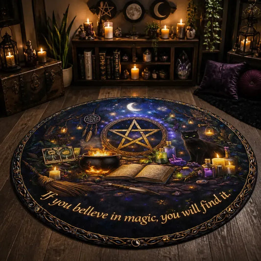 Magick Pentagram Moon Wiccan Round Rug Witchy Black Cat Halloween Carpet Gothic Home Decor_mockup_1.webp