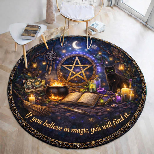 Magick Pentagram Moon Wiccan Round Rug Witchy Black Cat Halloween Carpet Gothic Home Decor-MoonChildWorld