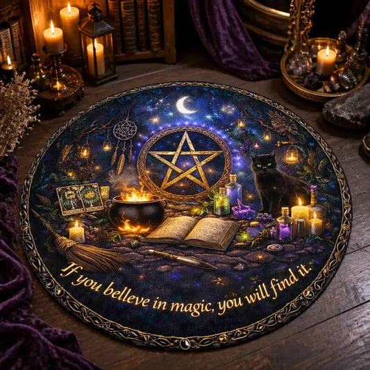 Magick Pentagram Moon Wiccan Round Rug Witchy Black Cat Halloween Carpet Gothic Home Decor_mockup_3.webp