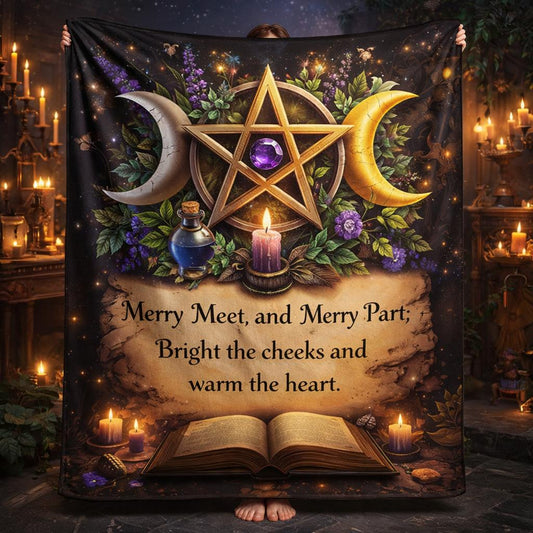 Black fleece blanket with a gold pentagram, triple moon, purple crystal, candles, and "Merry Meet" text.