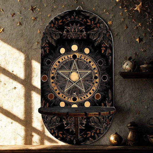 Magick Pentagram Wicca Wall Shelf – Wooden Mystical Floating Shelf Pagan Altar Decor-MoonChildWorld