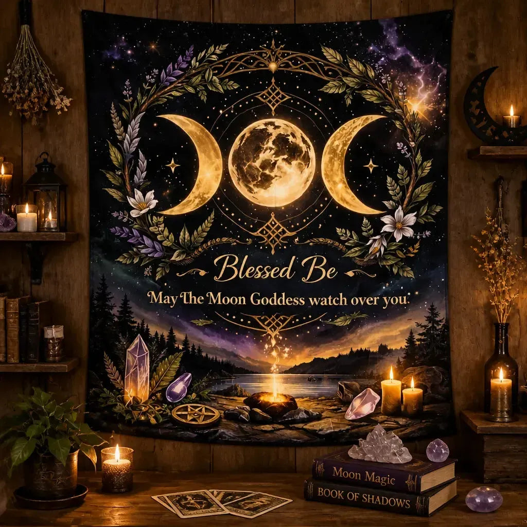 Magick Triple Moon Tapestry Wiccan Altar Wall Hanging for Pagan Yule Decor_mockup_2.webp