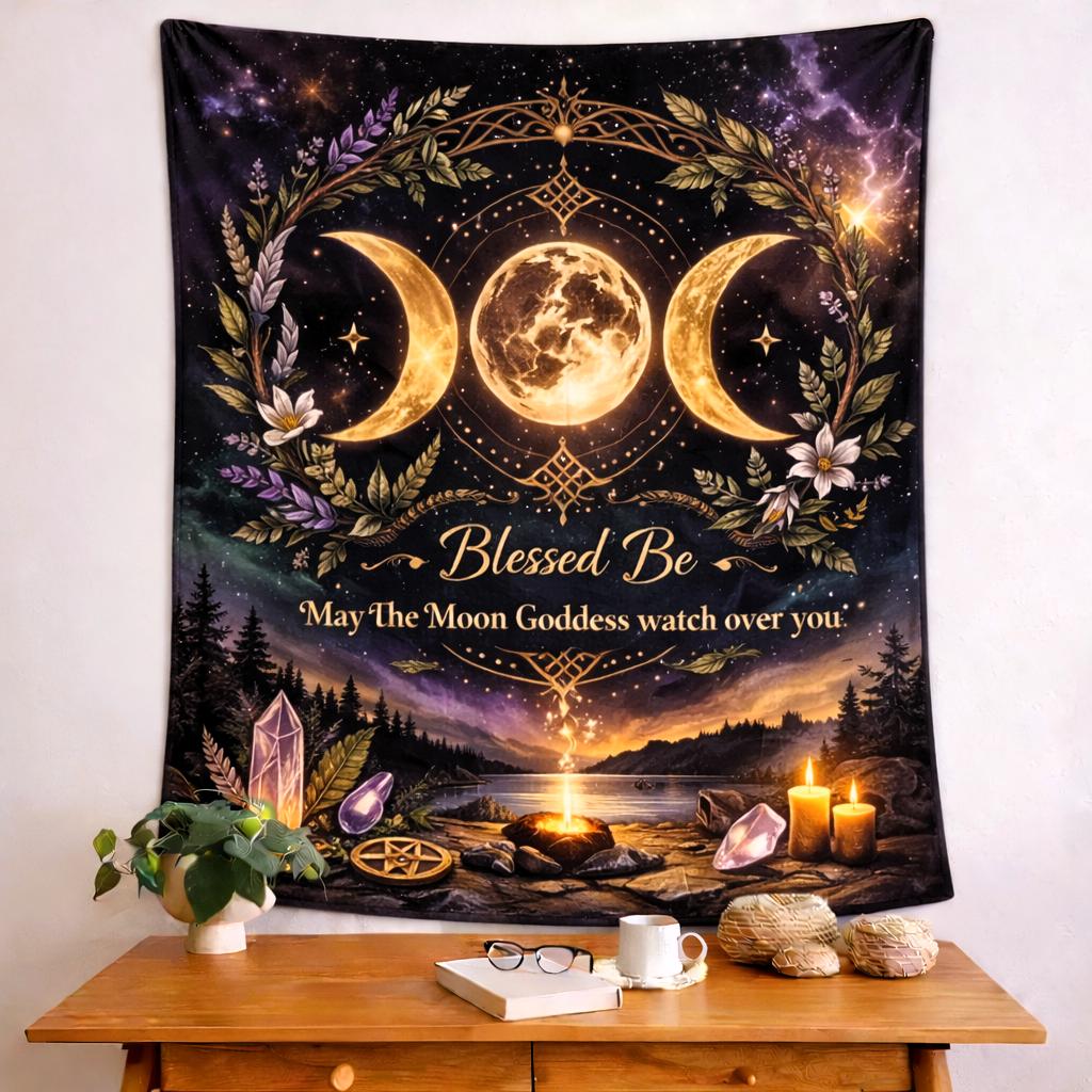 Dark purple Triple Moon tapestry with "Blessed Be" text, celestial design, forest, and glowing crystals.