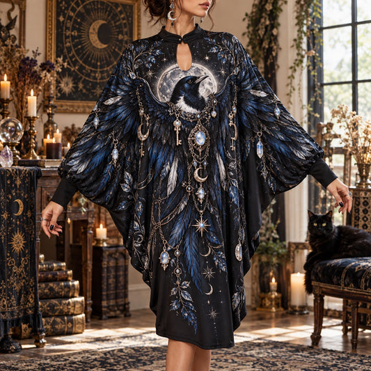 Magpie Moon Witchy Batwing Dress – Celestial Keys Gothic Midi – worn, front view
