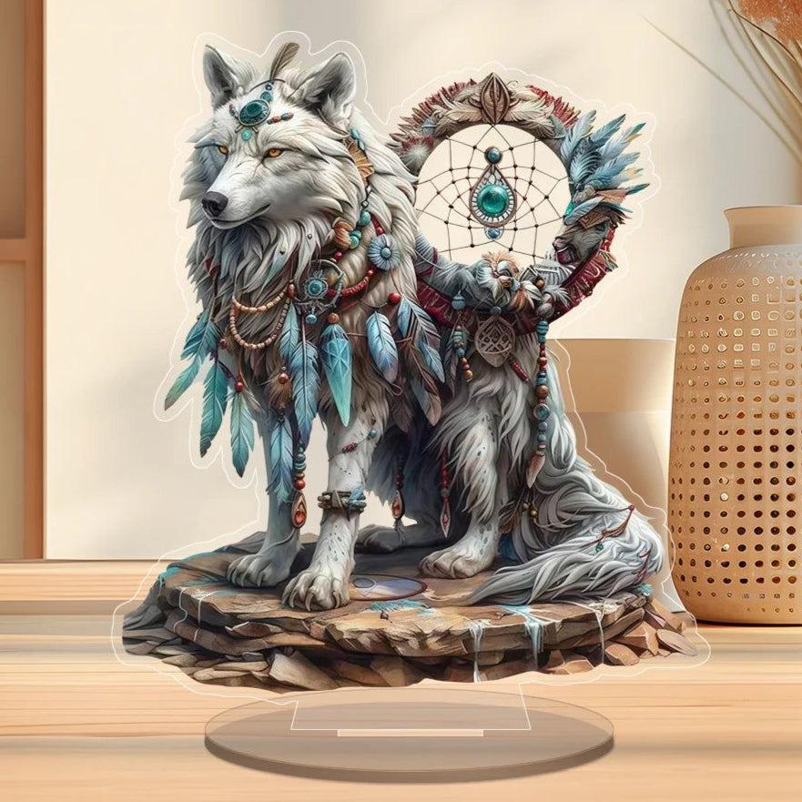 Majestic White Wolf & Dream Catcher Acrylic Desk Decor Wolf Table Ornament-MoonChildWorld
