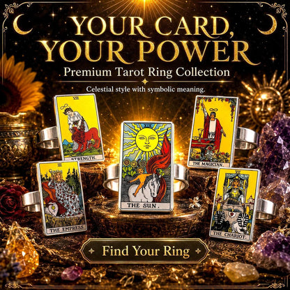Premium tarot ring collection flat lay with Strength, The Sun and The Empress stainless steel card rings
