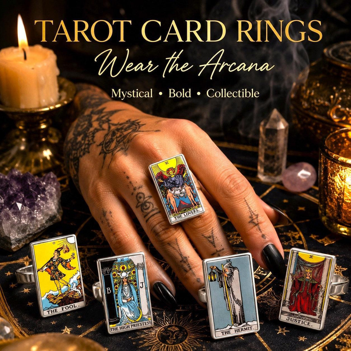 Tattooed hand wearing tarot card rings on an altar with amethyst, candles and Major Arcana ring cards