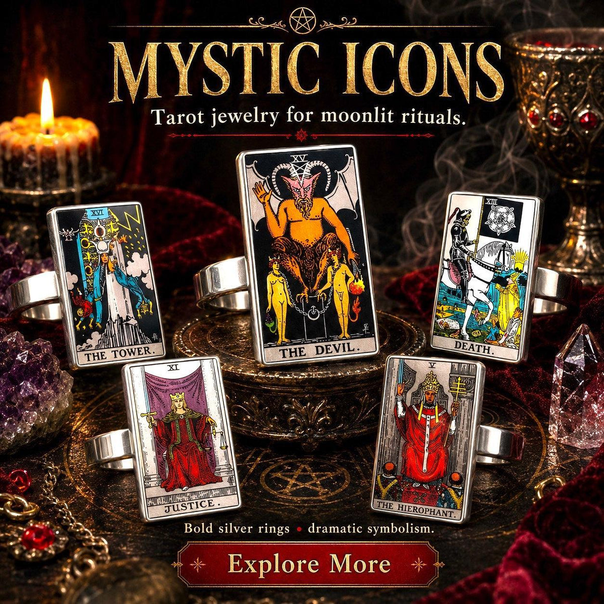 Bold silver tarot card rings displayed on a dark altar with Justice, The Emperor and The Tower artwork