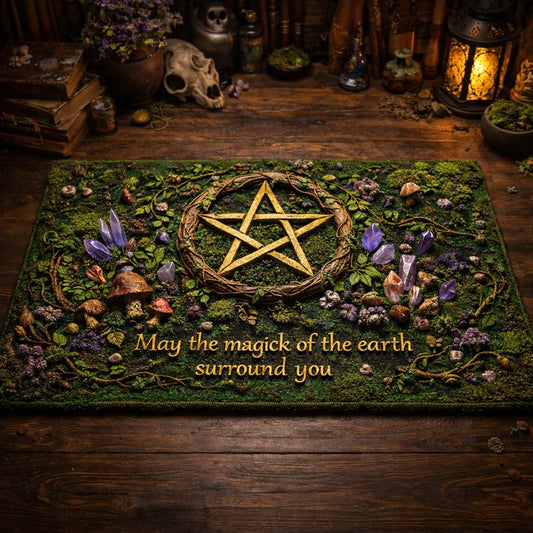 Green Element Pentagram Doormat with "May the magick of the earth surround you" text, crystals, and moss.