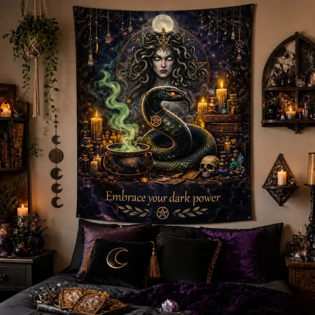 Medusa Goddess & Gothic Snake Tapestry Witchy Wall Hanging for Halloween Decor_mockup_1.webp