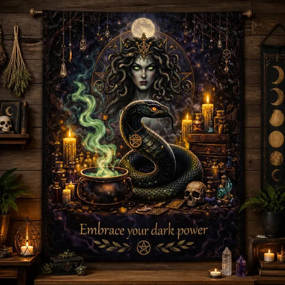 Medusa Goddess & Gothic Snake Tapestry Witchy Wall Hanging for Halloween Decor_mockup_2.webp
